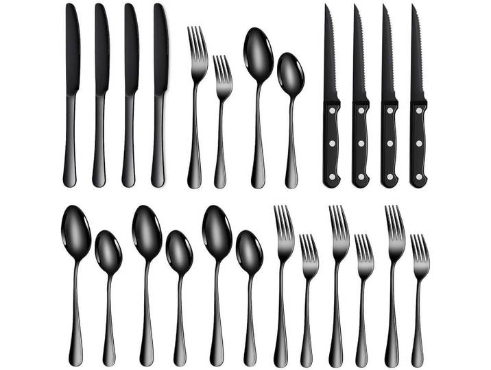 Besteckset 24-teilig Schwarz Edelstahl, Metall, Besteck, Besteck-Sets
