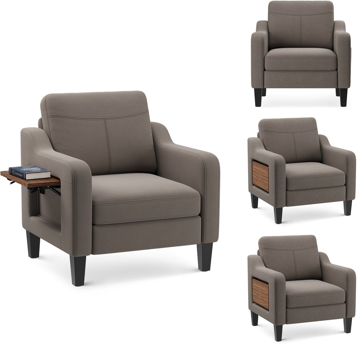 COLAMY stoffen fauteuil met houten zijpanelen - Bruin