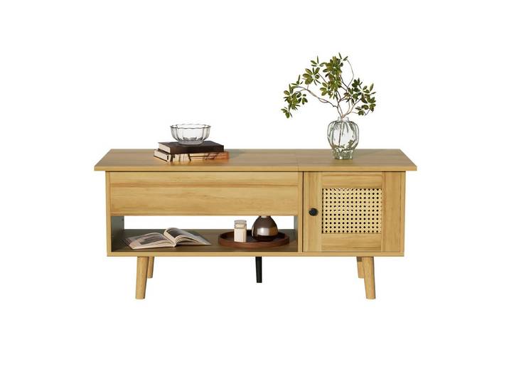 Rutaqian Couchtisch Couchtisch mit anhebbarer Tischplatte und Rattan-Türen, Holzfarbe (1-St), 103x50x60cm– Praktischer Stauraum und funktionales Design