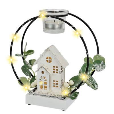 Kunstkranz I.GE.A. "Teelichthalter Deko-Kranz", transparent, B:18cm H:20cm L:8cm, Metall, Kunstpflanzen, Mit LED Licht Teelichtkerze Eukalyptus Haus Lichterkette