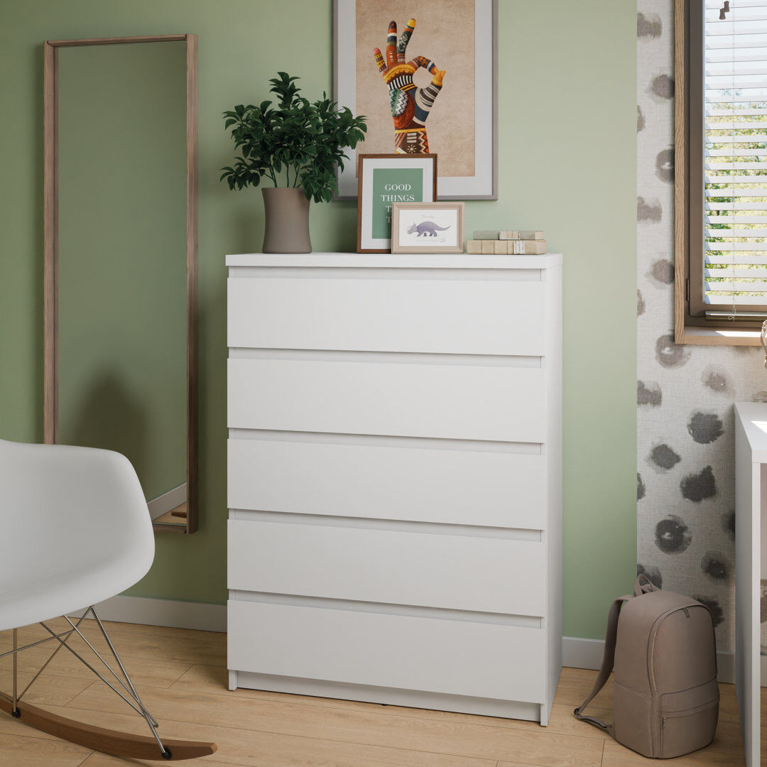 Latitude Run Hosia 83 cm W Chest of 5 Drawers Alpine White 113.9cm H X 83cm W X 40cm D