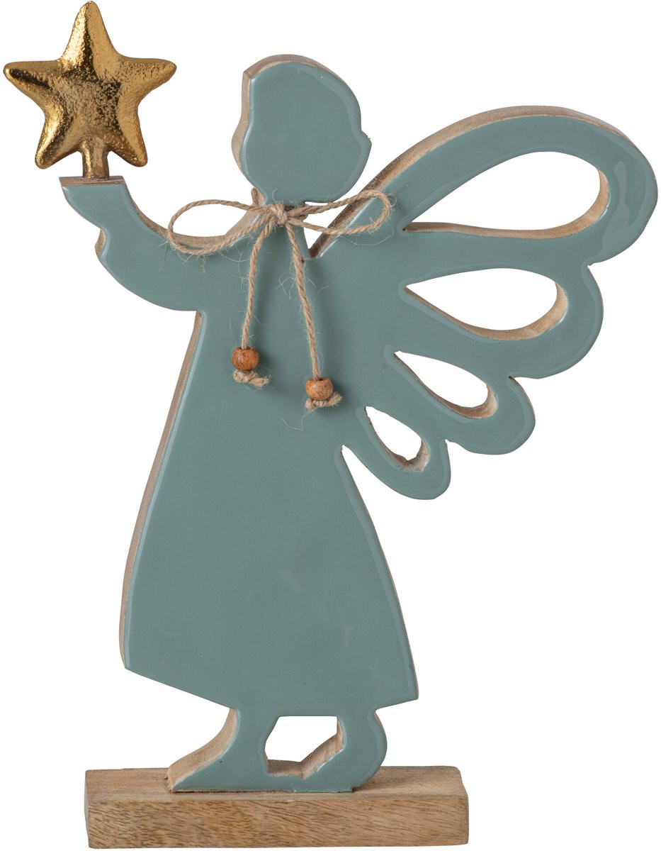 J-Line Engel met ster tabletop decoratie - mangohout - naturel/turquoise - small