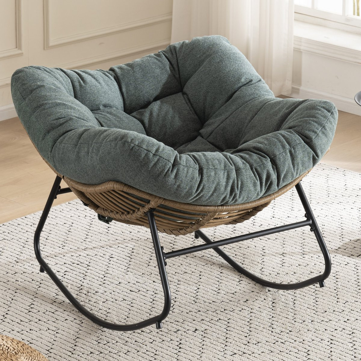 MODENUIT Schommelstoel Chenille Fauteuil met Metalen Frame - Groen