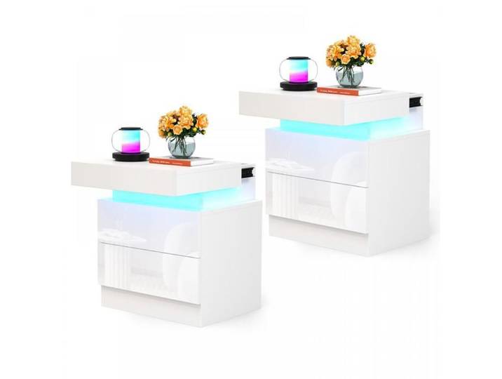Table de Chevet Blanche LVHCMFOHM Lot de 2 Avec LED/Tiroir Coulissant Supérieur 2 Tiroirs 40x35x52cm Style Moderne
