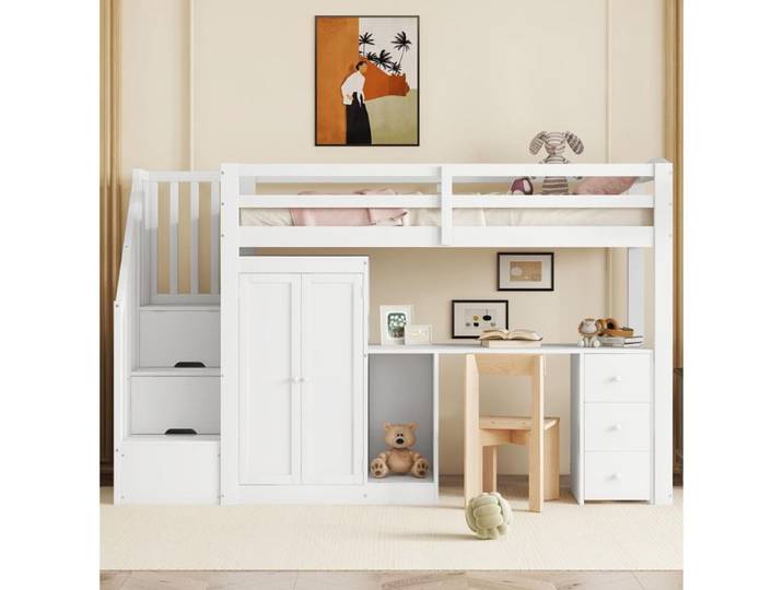 MEUBLIV Lit mezzanine 90x200 cm blanc avec bureau armoire 3 tiroirs escalier de rangement et sommier