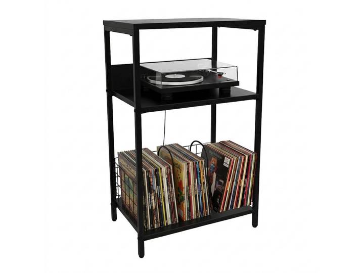 Relaxdays Regal Schwarz Plattenspieler Schallplatten 3 Ebenen MDF Metall, Holzwerkstoff, Metall, 40x65x30 cm, Wohnzimmer, Regal