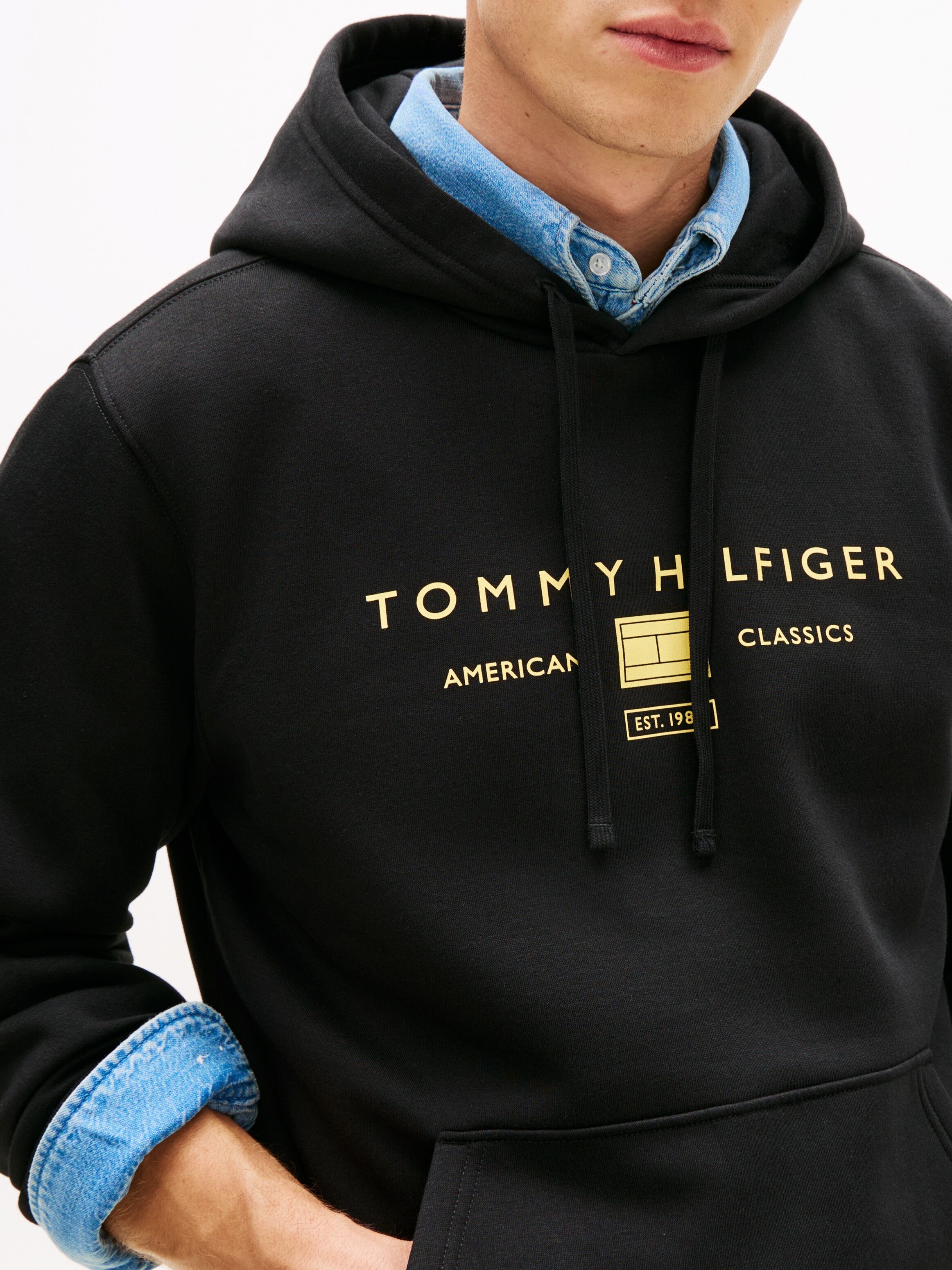 Hoodie TOMMY HILFIGER "BRAND LOVE TR MONO STACK", Herren, Gr. L, schwarz, Sweatware, Obermaterial: 100% Baumwolle, regular fit normal, Rippbündchen, Sweatshirts Hoodie schwarz L