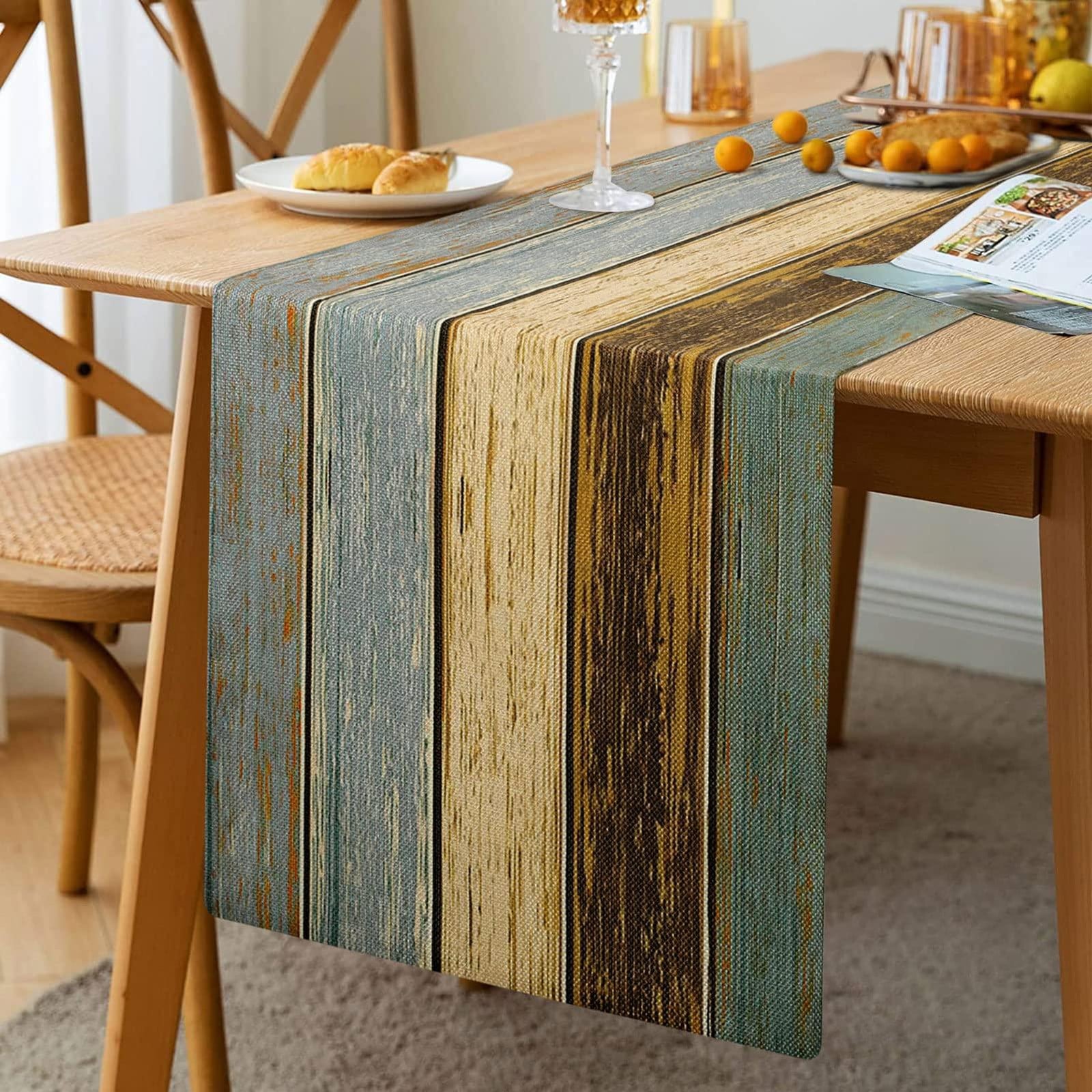 Dripio Tafelkleed Linnen Retro-stijl Houtmotief Groen 33 x 183 cm