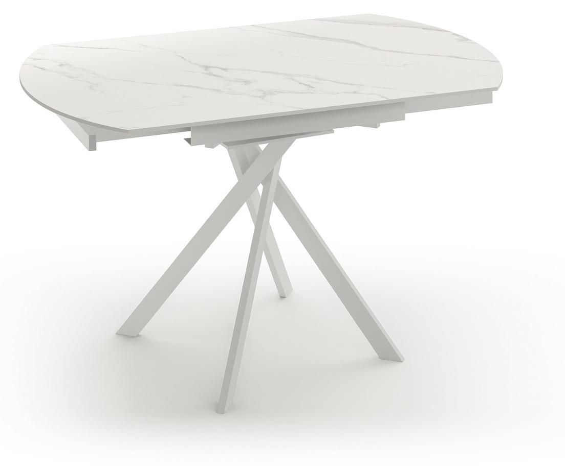 Ausziehbarer Rolltisch 120 x 80 cm aus weißem Calacatta-Marmorkeramik und weißem Metallgestell - Moderner Designer-Esstisch