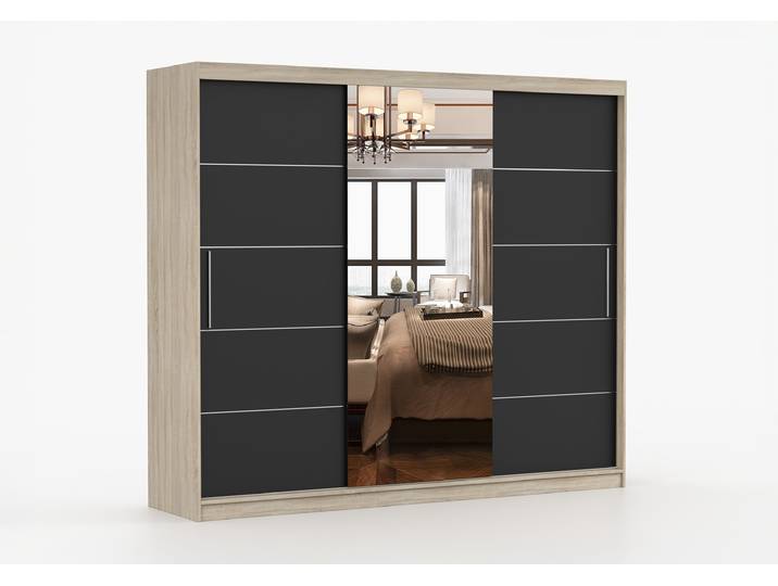 Schwebetürenschrank ALBA I 250 cm Sonoma Eiche Schwarz + Spiegel Ohne LED-Beleuchtung