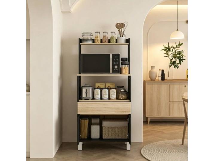 VUENOR Buffet de cuisine 60x40x131 cm noir et bois clair – meuble micro-ondes avec tiroir placard et étagère ouverte