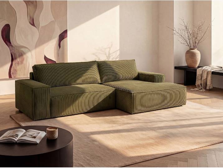 Ecksofa mit Schlaffunktion - Ecke rechts - Cord - Khaki - AMELIA