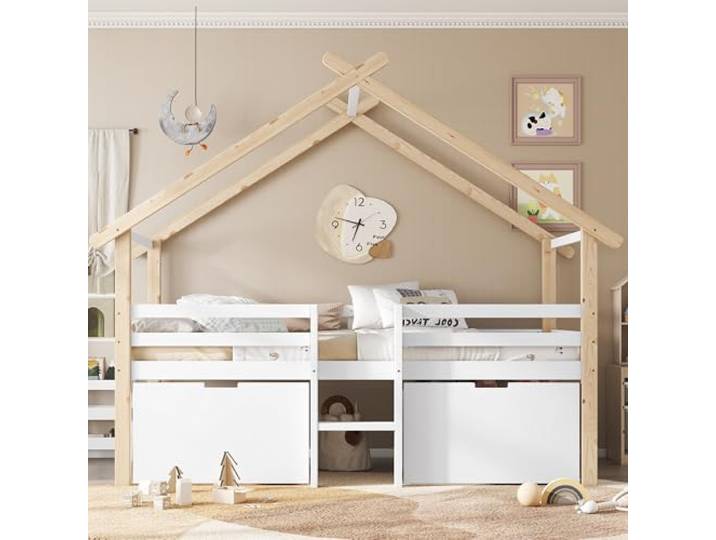 boorbin Kinderbett, Halbhohes Bett, Hausbett mit Dach, Vierseitiger Zaun, Mit Treppe, 2 Schließfächer mit Rädern, Kiefer+MDF, 90x200cm (Weiß+Natur, 221x99x189cm)
