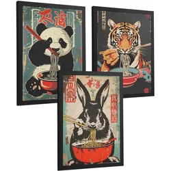 POSTER 3er Set Japanische Ramen Tier-Wandbilder Panda Tiger und Hase Nudeln Vintage Küche Wanddeko Schwarzer Rahmen A4