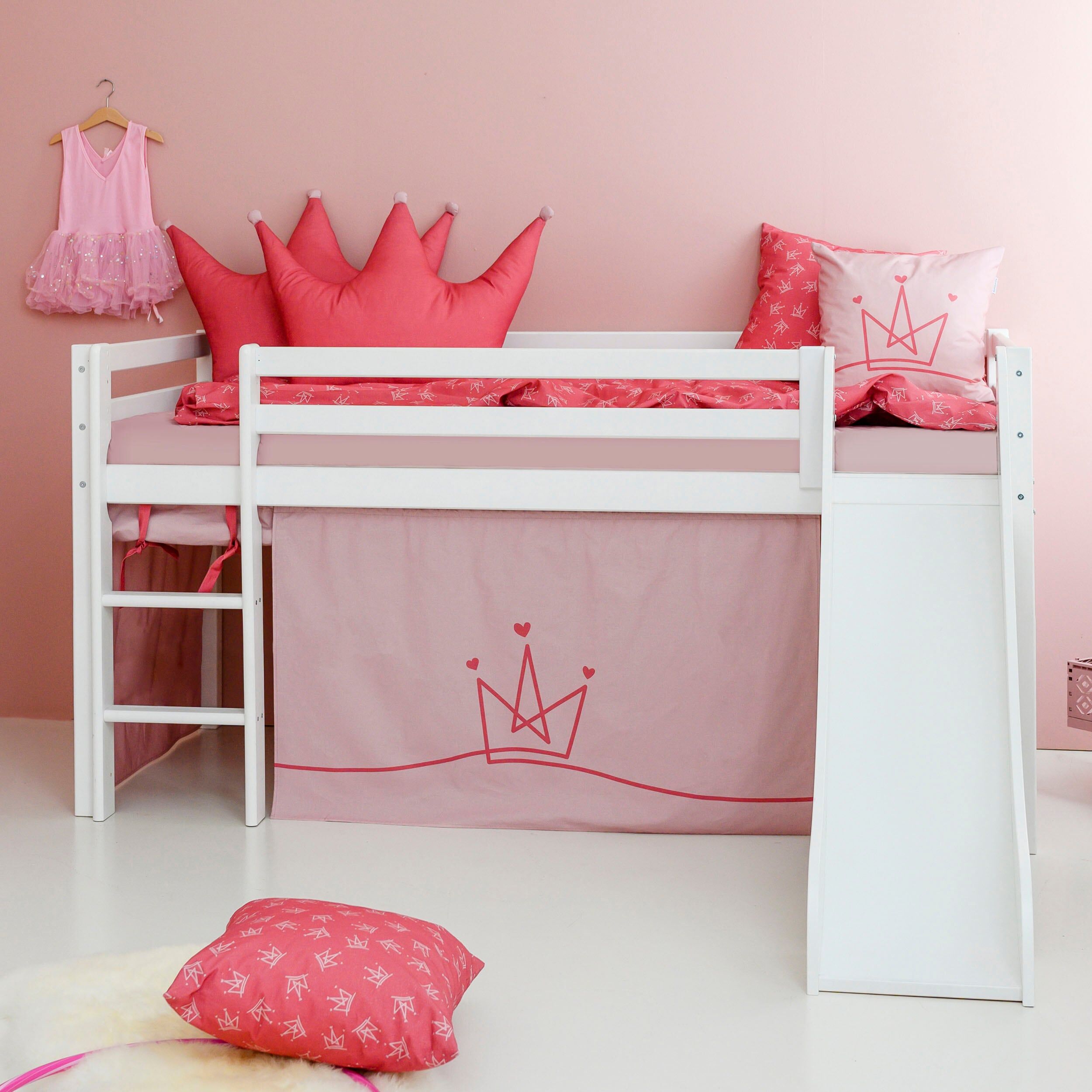 Hochbett HOPPEKIDS "«Princess»", weiss (weiß, pale rose, weiß, weiß), B:101cm H:9cm L:208cm, Bett: 100% Massivholz, Nordische Kiefer;Rutsche: MDF;Vorhang: 100% Baumwolle;Matratze: PU-Schaum;Matratzenbezug: 100% Baumwolle, Hochbetten, Hochbett, Rutsche & V
