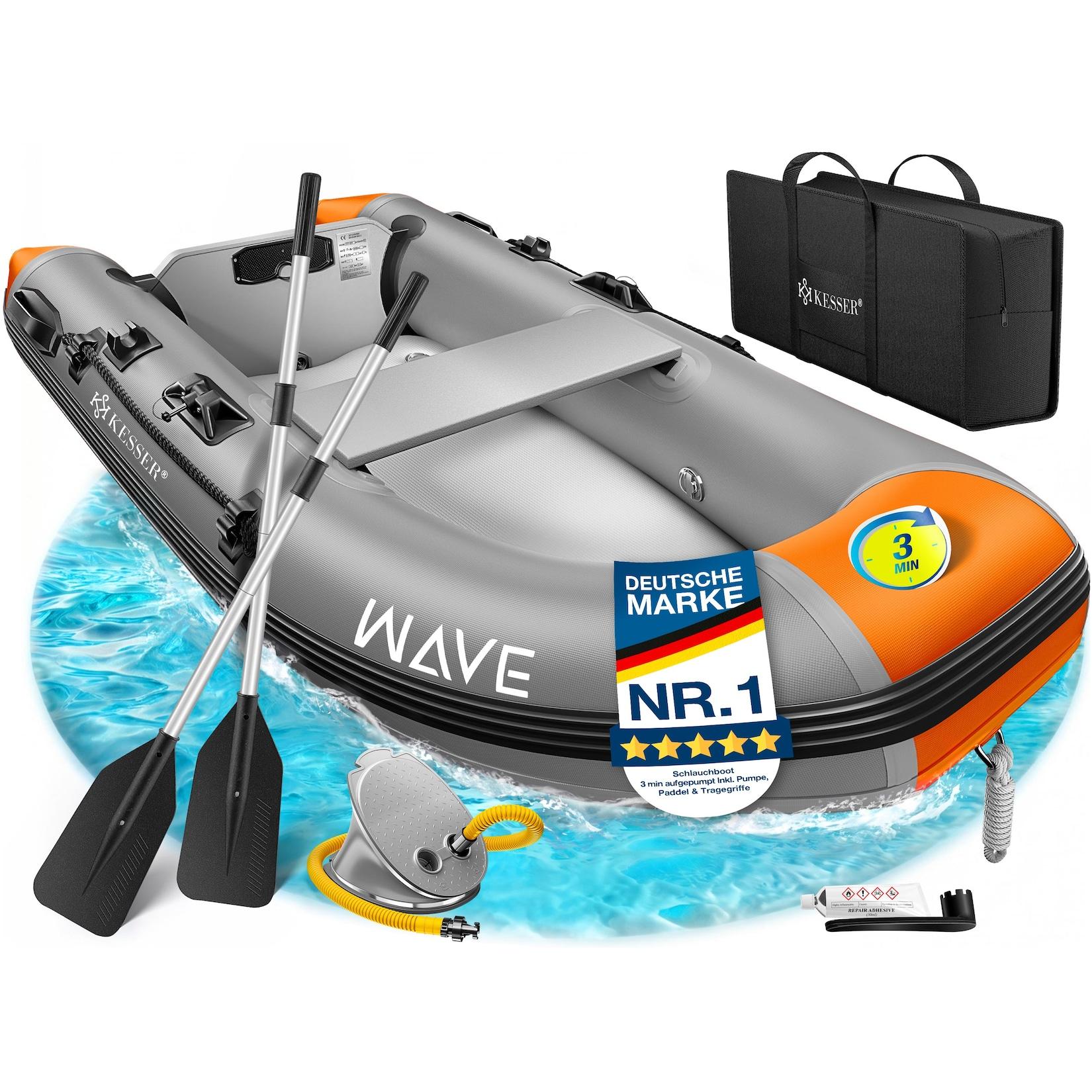 KESSER® Schlauchboot für 2 - 4 Personen - WAVE Motor geeignet Freizeitboot Paddelboot Motorboot Angelboot - mit 1 - 2 Sitzbänken - Alu-Boden Paddel Pumpe Reparaturset & Tasche aufblasbar PVC