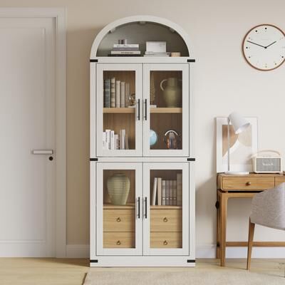Garvee Arched Bookcase with 4 Doors & 2 Drawers – Bookshelf with Anti-Tip Device, Display Cabinet for Living Room, Bedroom
