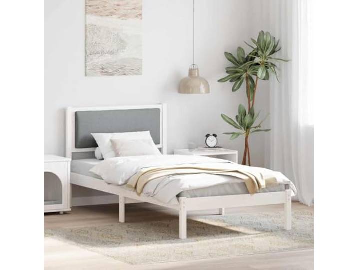 Emmtore Bettrahmen Massives Kiefernholz, Rechteckiges Design,mit Kopfteil 90 x 190 cm,Weiß und Hellgrau