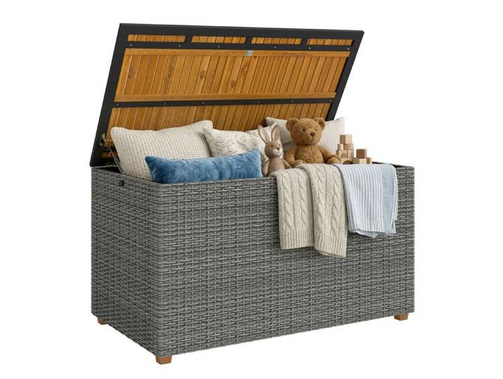Coffre de jardin - Coffre de rangement extérieur - Bois et Résine tressée - 450 L - Pour l'aménagement du jardin et de la terrasse