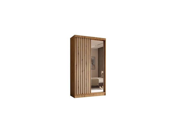 KLEIDERSCHRANK mit Spiegel-Schiebetüren und Aluminium-Leisten, LED-Beleuchtung - LAMELO - 120 cm Artisan+Artisan+Weiß