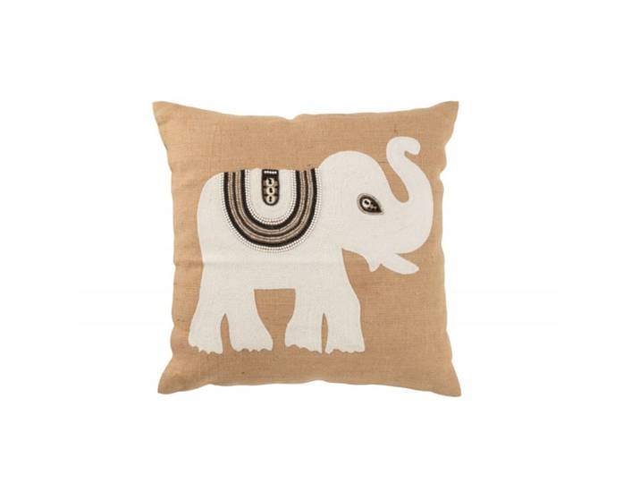Coussin avec éléphant blanc en coton beige 60x60x12 cm