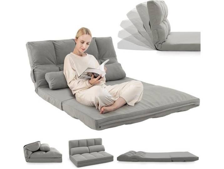 RELAX4LIFE Canapé Pliable 2 Places en Velours Dossier Réglable en 6 Positions 2 Oreillers Fauteuil Chauffeuse Charge 150KG Gris