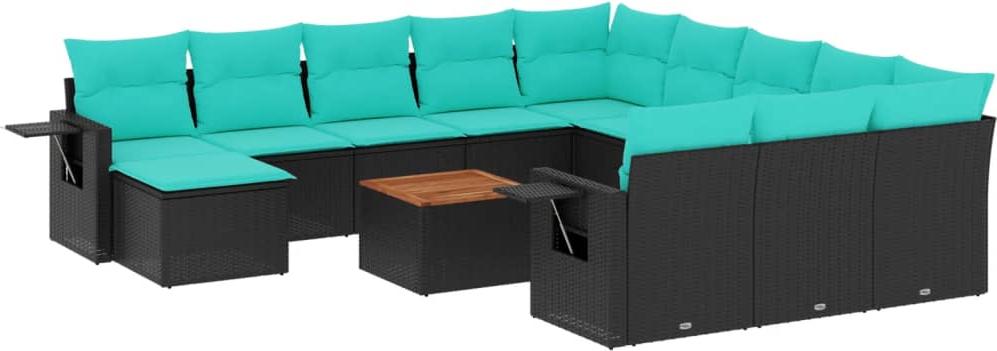 vidaXL 13-teiliges Gartensofa-Set mit Kissen, schwarzes Polyrattan