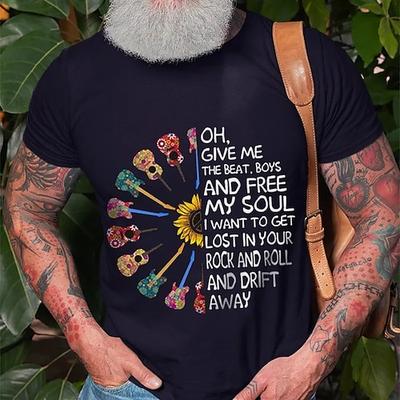 Rock und Roll Musikliebhaber Herren T-Shirt mit Gitarre Sonnenblumen Grafik 'Drift Away' Songtext Tee