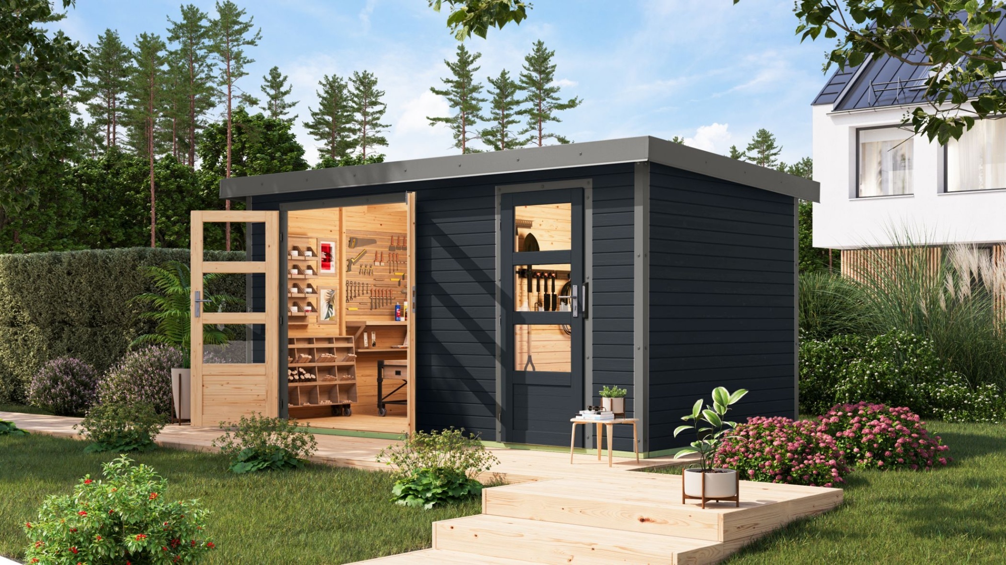 Karibu Gartenhaus Hybridhaus Metall Merkur anthrazit 400,5x213,5x209 cm