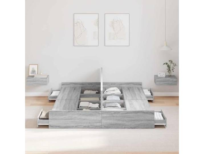 KTHLBRH Boxspringbett Grau Sonoma 140 x 190 cm 4 Schubladen, Holz, massives Kiefernholz, Doppelbettgestell
