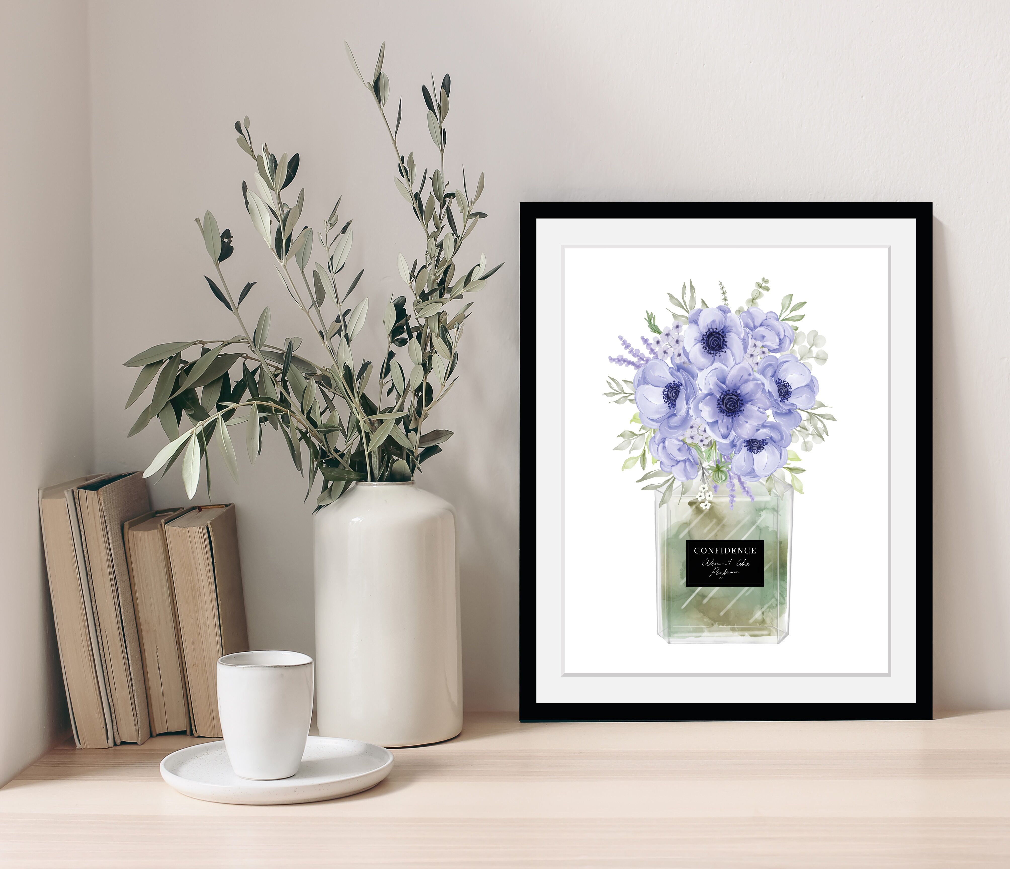 Bild mit Rahmen GOODPRODUCT "Blumen Parfüm - Gerahmter Digitaldruck - Wandbild", bunt (farbe rahmen: schwarz, farbe bild(er): blau, grün), B:40cm H:50cm, Acrylglas, Holz, Bilder, Bild mit Rahmen, Holzrahmen - Dekoration farbe rahmen: schwarz, farbe bild(e
