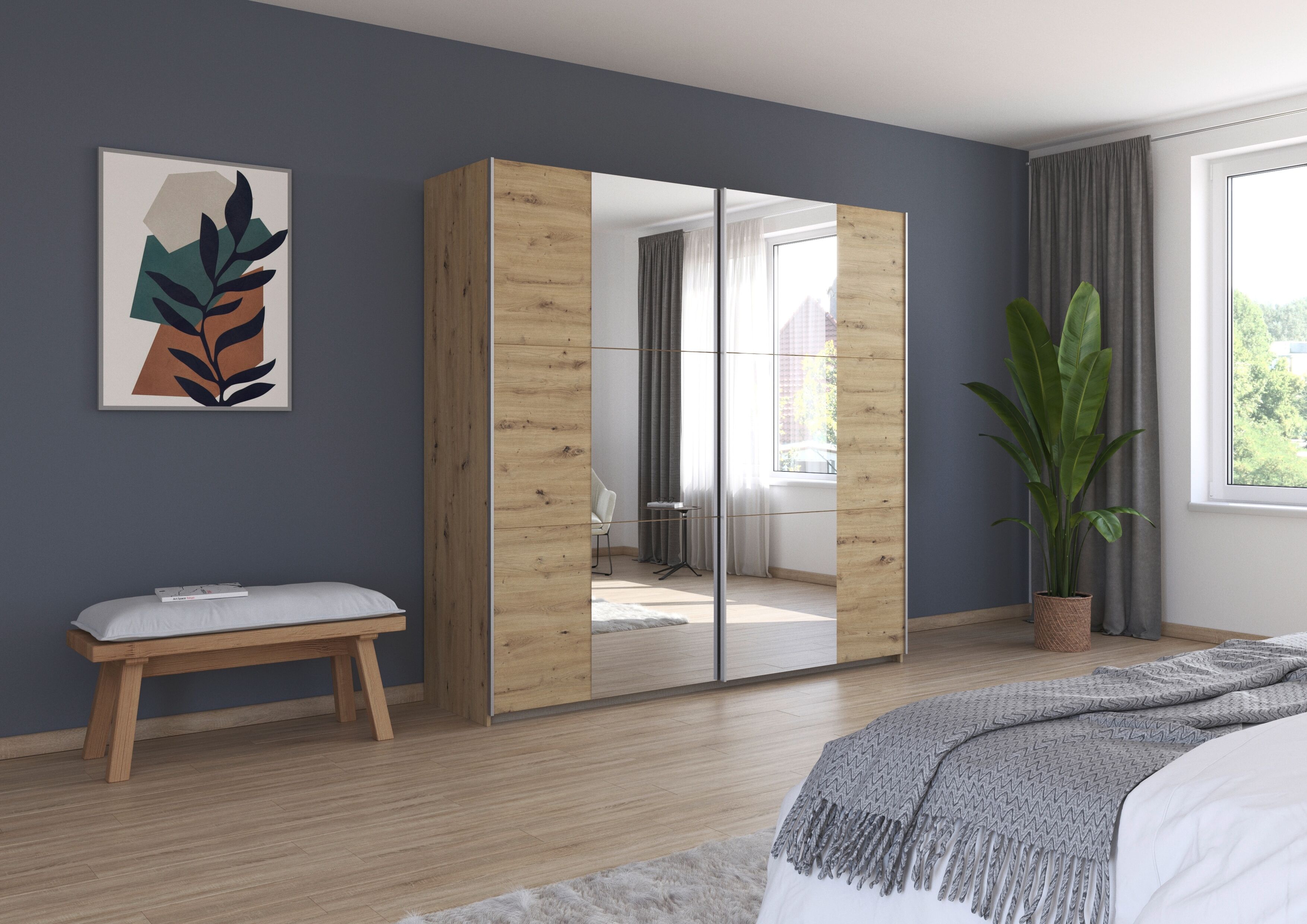 Schwebetürenschrank RAUCH "Kleiderschrank Drehtürenschrank Schrank Garderobe KRONACH", braun (eiche artisan, griffleisten alu, 2 spiegel), B:218cm H:210cm T:59cm, Holzwerkstoff, Schränke, Schwebetürenschrank, optional ohne, mit 1 oder 2 Spiegel, viel Stau
