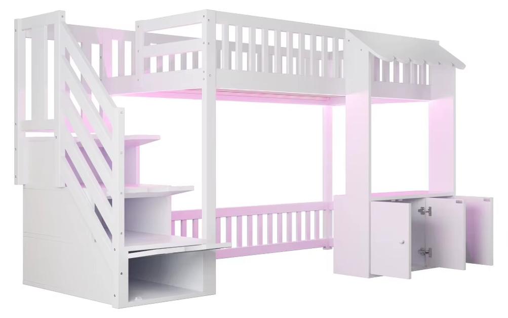 Hochbett 90 x 200 cm - Mit Stauraum - Schrank - Schubladen - Treppe - Sicherheitsgitter - Weiß