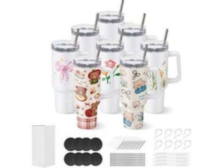 VEVOR Sublimationsbecher 8 Stk. (1183 mL), Sublimationstumblers aus Edelstahl mit Deckeln & Strohhalm & Griff, Doppelwandige Isolierte Sublimationsrohlinge für Individuelle DIY-Gestaltung Geschenke