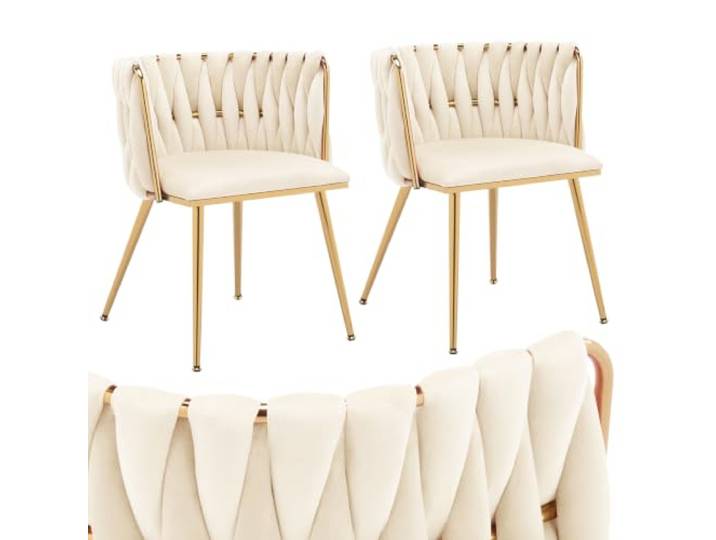 FurniSoar Esszimmerstühle 2er Set mit Armlehne, Handstricken Polsterstuhl Küchenstuhl aus Samt und Goldenen Beinen, Armlehnstühle für Esszimmer, Küche und Wohnzimmer, Beige