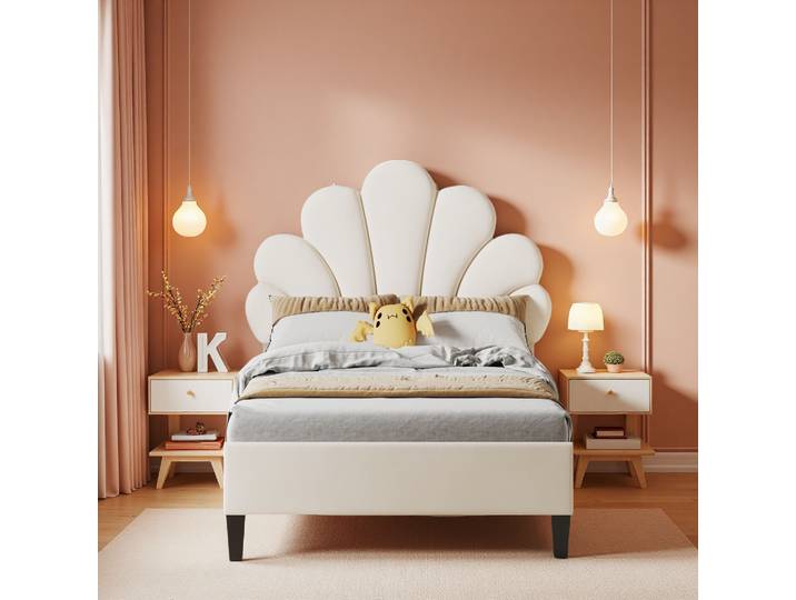 Rosahqnda Lit enfant Lit simple Lit capitonné 90x200cm Tête de lit florale et lattes Lattes Lit fille en tissu sans matelas