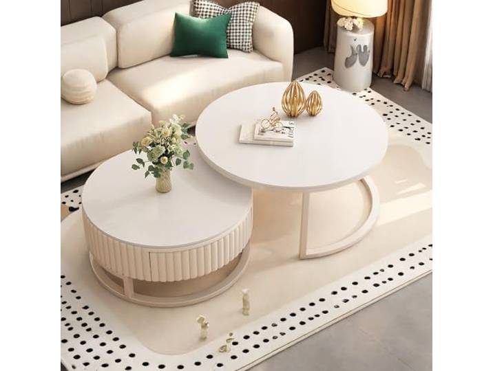 Ggipxalatyr 2-in-1 Klappbarer Couchtisch Set – Couchtisch Rund Holz-Platzsparendes, Beistelltisch 2er Set, 50cm + 70cm Runde Tische Für Wohnzimmer, Beistelltisch Rund,Modern,Weiß