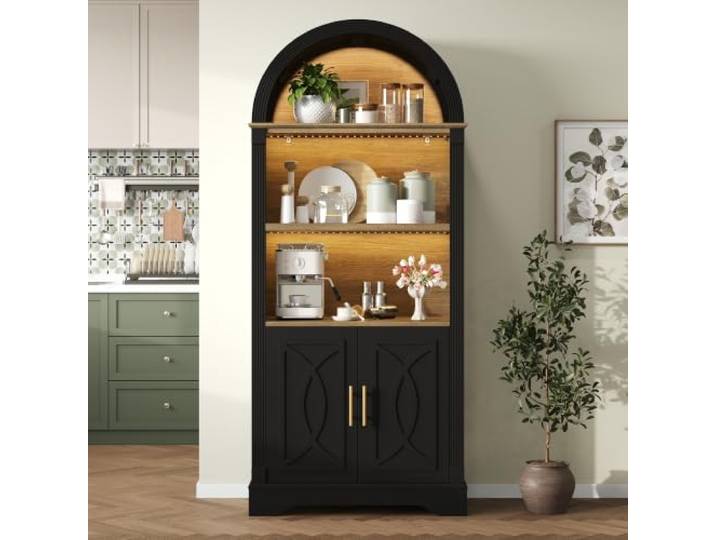 Schwarz Bogen Vitrinenschrank Highboard mit LED verstellbar, 180cm Gewölbter Küchenschrank mit 3 offenen Fächern, Türfach, Römischen Säulen & Licht – ideal als vitrinenschrank wohnzimmer