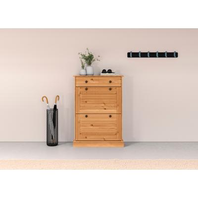 Schuhschrank OTTO HOME "Liotta", beige (natur gebeizt, gewachst), B:75cm H:105cm T:25cm, Massivholz, Schränke, Schuhschrank, Mit 2 Klappen und 1 Schublade