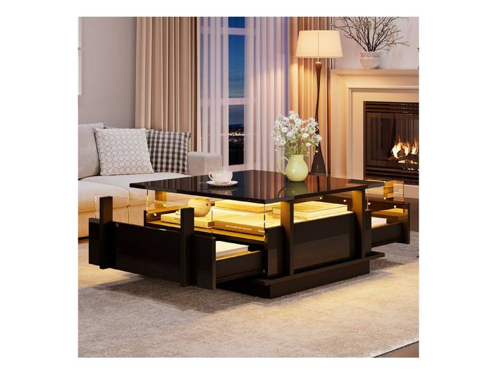 STILVORA Couchtisch Wohnzimmer Sofatisch mit Schubladen LED-Leuchten Acryl-Trennwand (Hochglanz Kaffeetish mit Acryl-Trennwand, Wohnzimmertisch mit USB-Stromversorgung), für kleine Räum