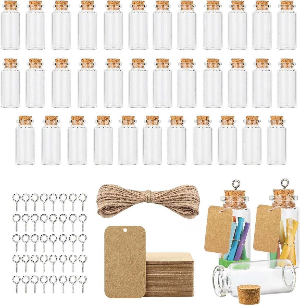 Set van 35 mini glazen flessen met kurk, schroefhaken, labels en touw voor decoratie en feesten