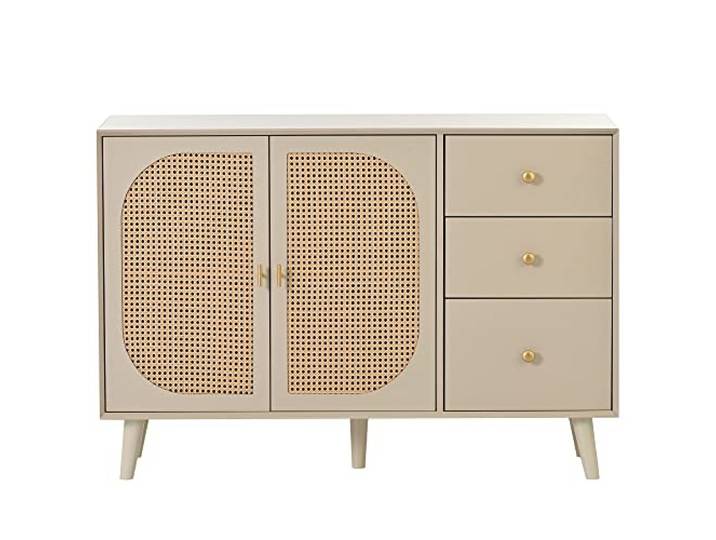 Ropilly Sideboard Creme 120 cm mit Türen und Schubladen Aufbewahrungsschrank Creme mit Rattangewebe und pflegeleichter Oberfläche für Wohn- und Esszimmer.