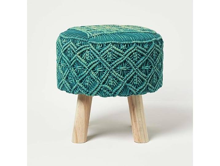 Homescapes Willow Makramee-Hocker Boho Style Petrol-grün 41x43 cm, Stoff-Hocker rund, grüner Hocker mit Holzbeinen