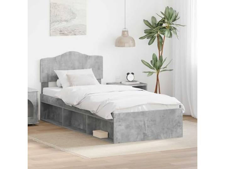 RJPLMFV Bettgestell, 100 x 200 cm, Grau, Beton, Kiefer massiv Lattenrost inklusive, Holz, schlichtes Design, modernes Schlafzimmer