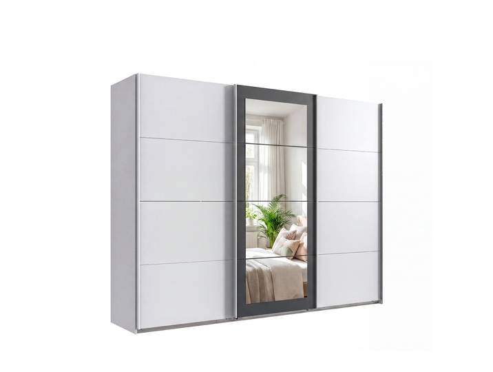 Schwebetürenschrank 3-trg Kleiderschrank 270 cm in Weiß m. Spiegel umrahmt in Grafit / 22629