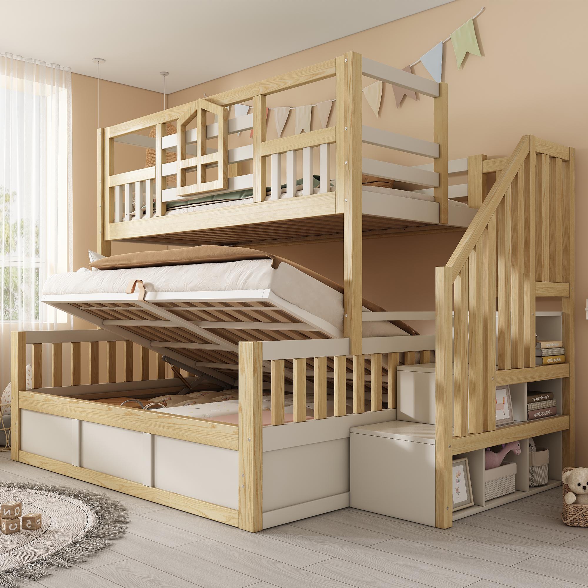 Flieks Hydraulisches Etagenbett 90x200cm/140x200cm, Kinderbett Hausbett mit Stauraumtreppe, Hochbett mit Fenster und Lattenrost, Naturbelassen