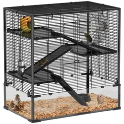 Hamsterkäfig für Zwerghamster, 4-stufig Nagerkäfig mit Glasboden Laufrad Schwarz