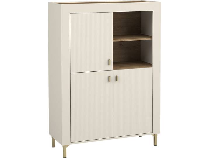 MIRJAN24 Highboard Mossa 3D MO05, Kommode mit drei Drehtüren, Wohnzimmer Kollektion (Farbe: Cashmere / Cashmere + Eiche Whisky, ohne Beleuchtung)