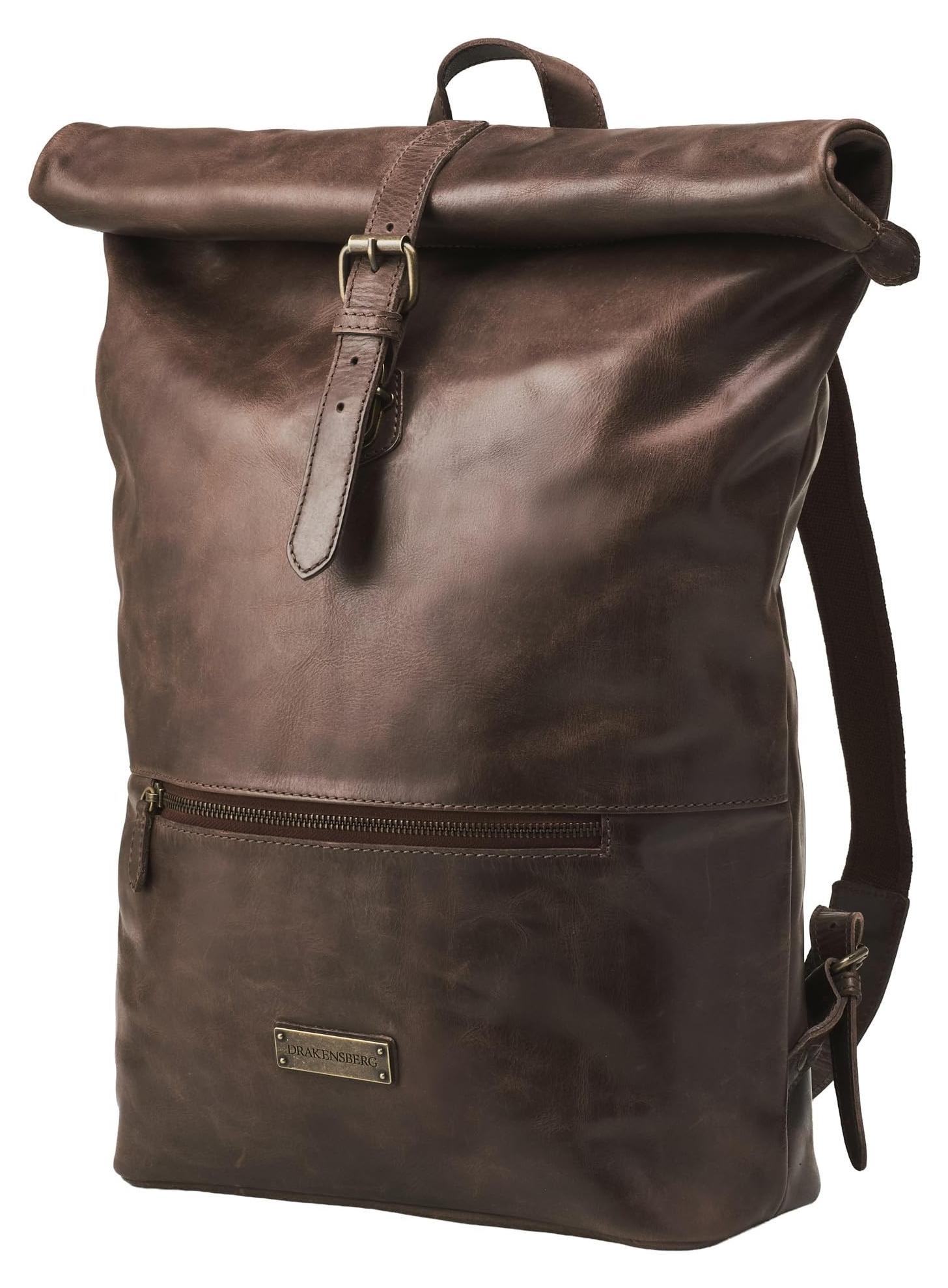 Leder Roll-Top Rucksack 'Ryan' für Laptops bis 16 Zoll, Coffee Brown