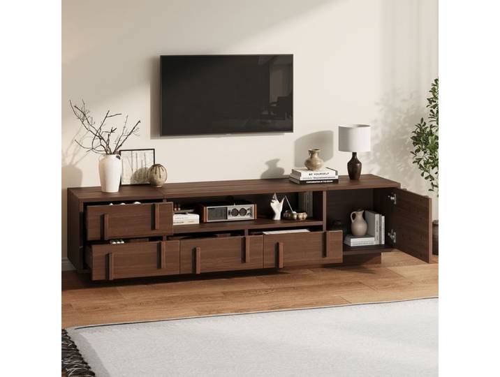 Meuble TV 180x40x45cm en MDF lowboard Noyer meuble TV sur pied avec 4 tiroirs 1 compartiment + 2 étagères ouvertes pour salon